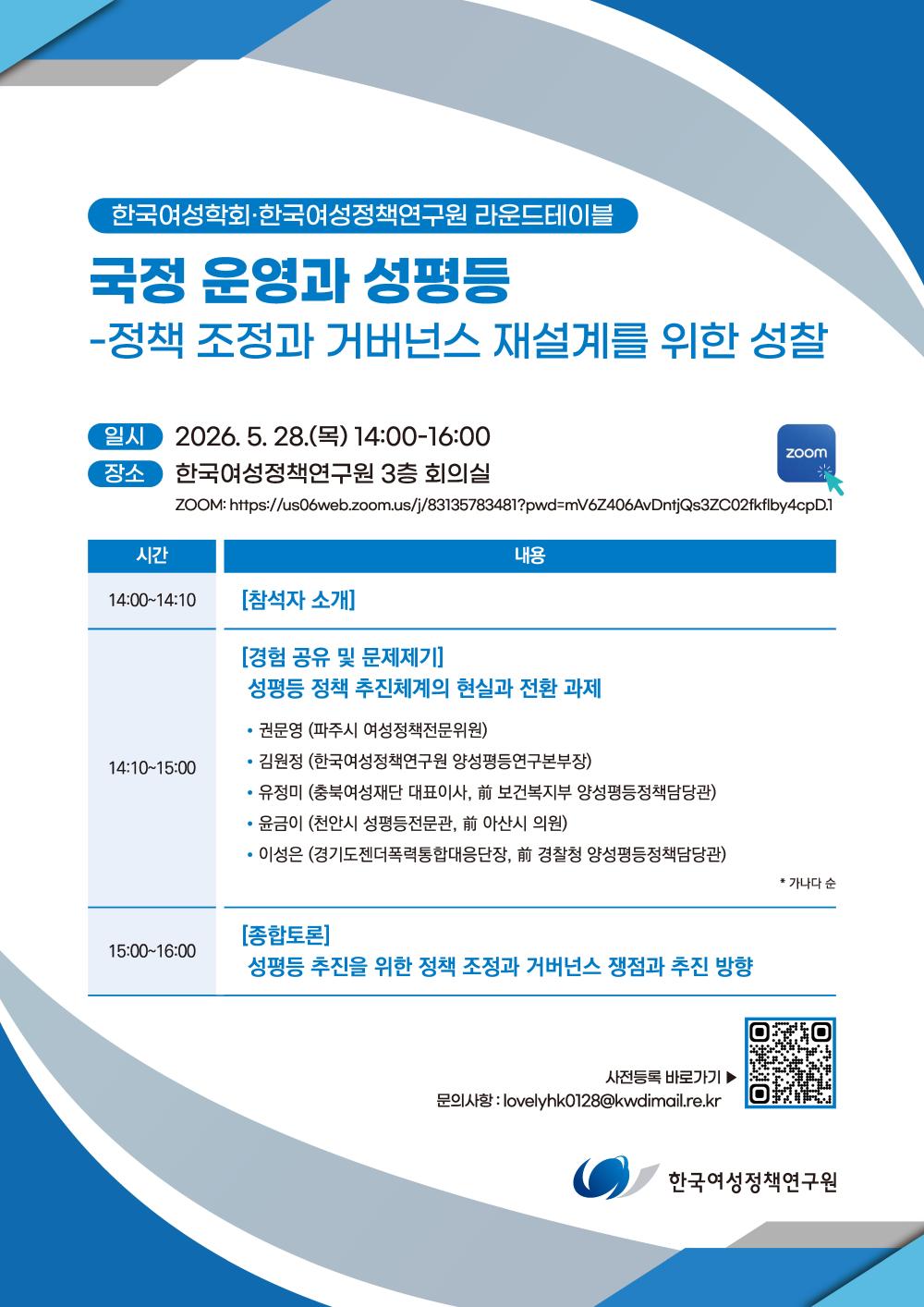 한국여성학회·한국여성정책연구원 라운드테이블
국정 운영과 성평등
-정책 조정과 거버넌스 재설계를 위한 성찰
일시 2026.5. 28.(목) 14:00-16:00
장소 한국여성정책연구원 3층 회의실
ZOOM: https://us06web.zoom.us/j/83135783481?pwd=mV6Z406AvDntjQs3ZC02fkflby4cpD.1
시간 내용
14:00-14:10 [참석자 소개]
14:10-15:00 [경험 공유 및 문제제기]
성평등 정책 추진체계의 현실과 전환 과제
•권문영 (파주시 여성정책전문위원)
•김원정 (한국여성정책연구원 양성평등연구본부장)
•유정미 (충북여성재단 대표이사, 前 보건복지부 양성평등정책담당관)
•윤금이 (천안시 성평등전문관, 前 아산시 의원)
•이성은 (경기도젠더폭력통합대응단장, 前 경찰청 양성평등정책담당관)
* 가나다 순
15:00-16:00 [종합토론]
성평등 추진을 위한 정책 조정과 거버넌스 쟁점과 추진 방향
사전등록 바로가기▶
문의사항: lovelyhk0128@kwdimail.re.kr
한국여성정책연구원