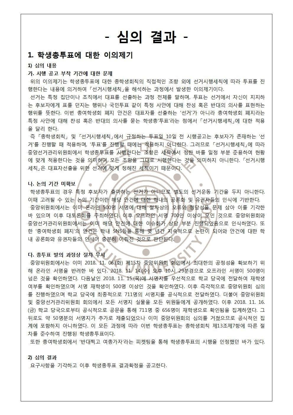 2018년 11월 선거 및 학생총투표 중앙선거관리위원회 이의제기 심의결과 공고 (3/5)